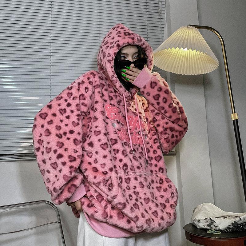 Cute Pink Leopard Print Soft Hooded Sweatshirt