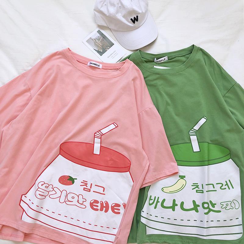 Cute Strawberry Milk Box Printed Oversized T-Shirt