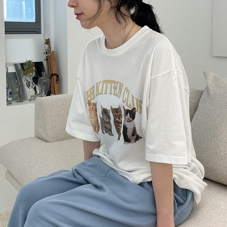 Cute Vintage Kitten Club Print Oversized T-Shirt
