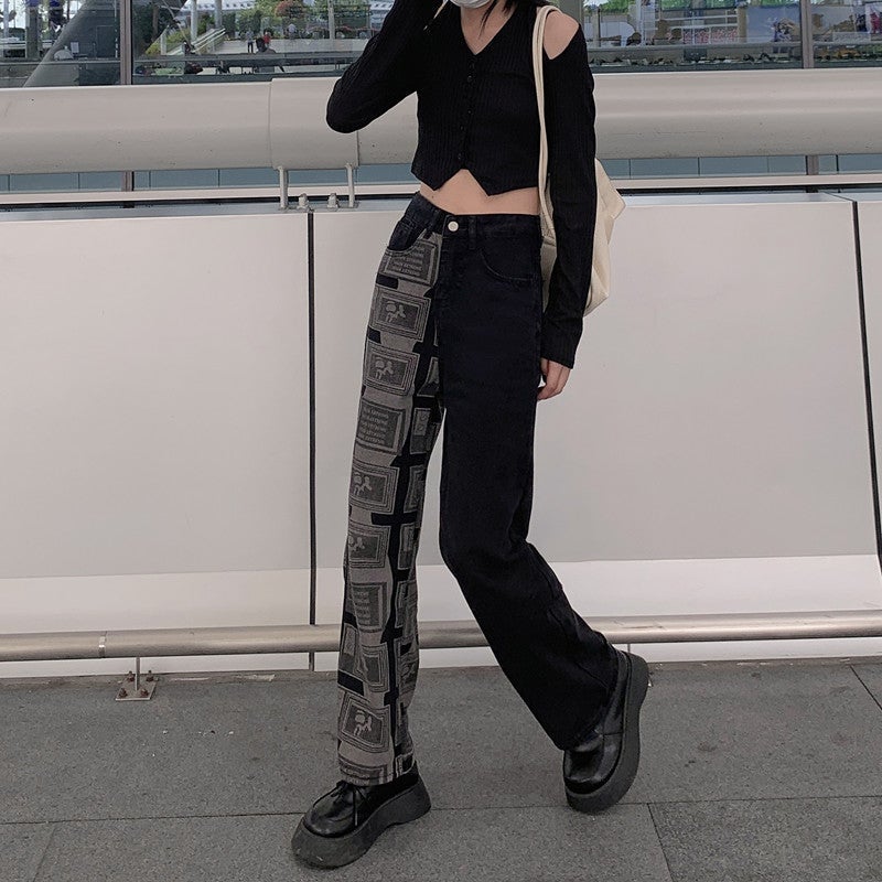 E Girl Outfit High Waist Patchwork Black Jeans