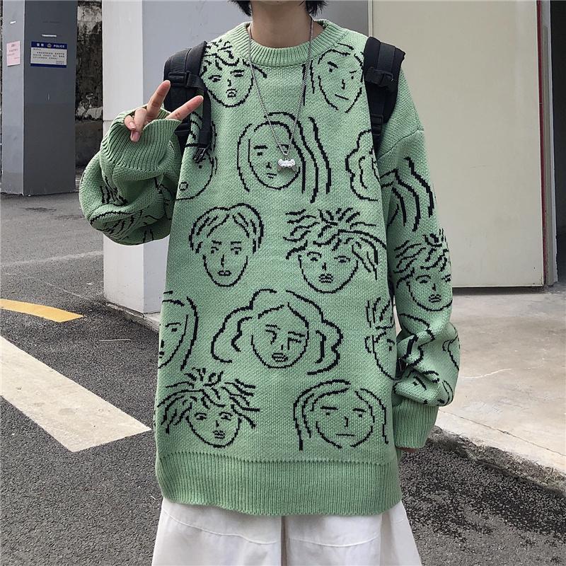 Faces Abstract Print E Girl Knit Loose Sweater