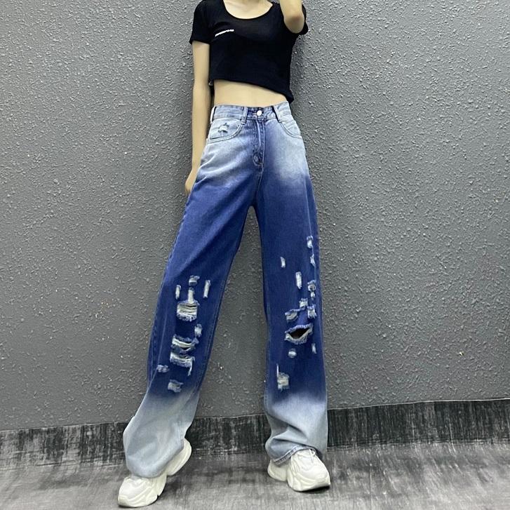Gradient Blue Ripped 90S Style High Waist Loose Jeans