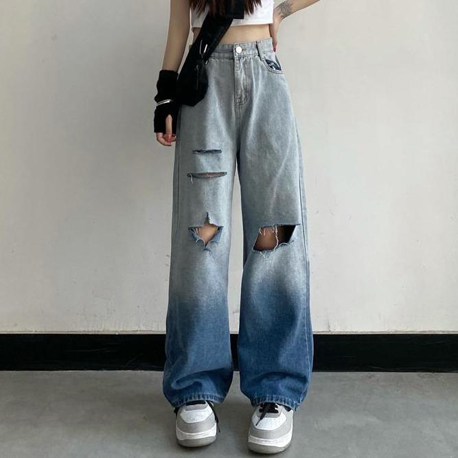 Gradient Washed Ripped Knee Holes Wide Jeans