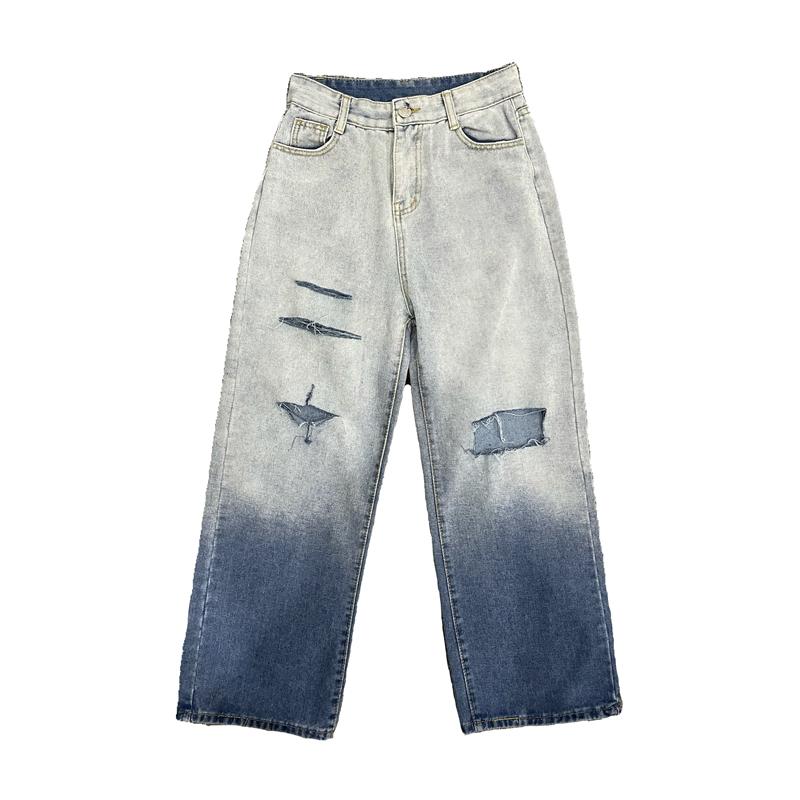 Gradient Washed Ripped Knee Holes Wide Jeans