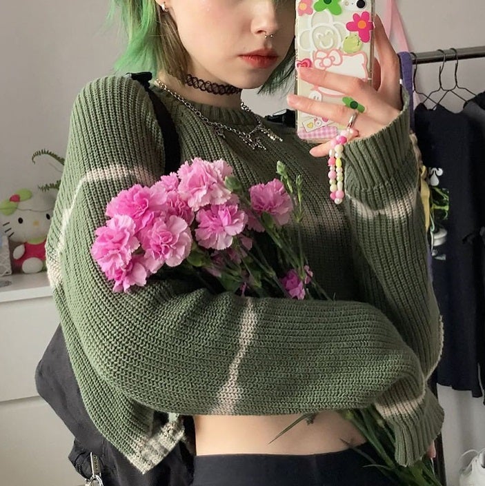 Green Aesthetic Tie Dye Stripes Ribbed Cropped Sweater
