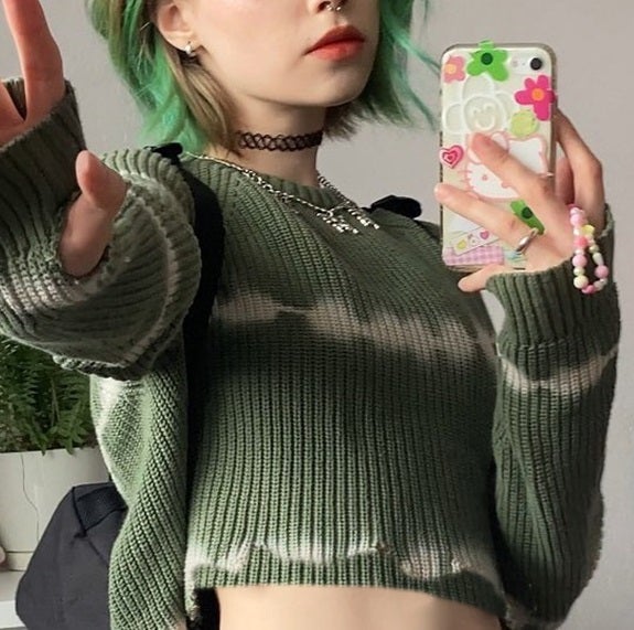 Green Aesthetic Tie Dye Stripes Ribbed Cropped Sweater