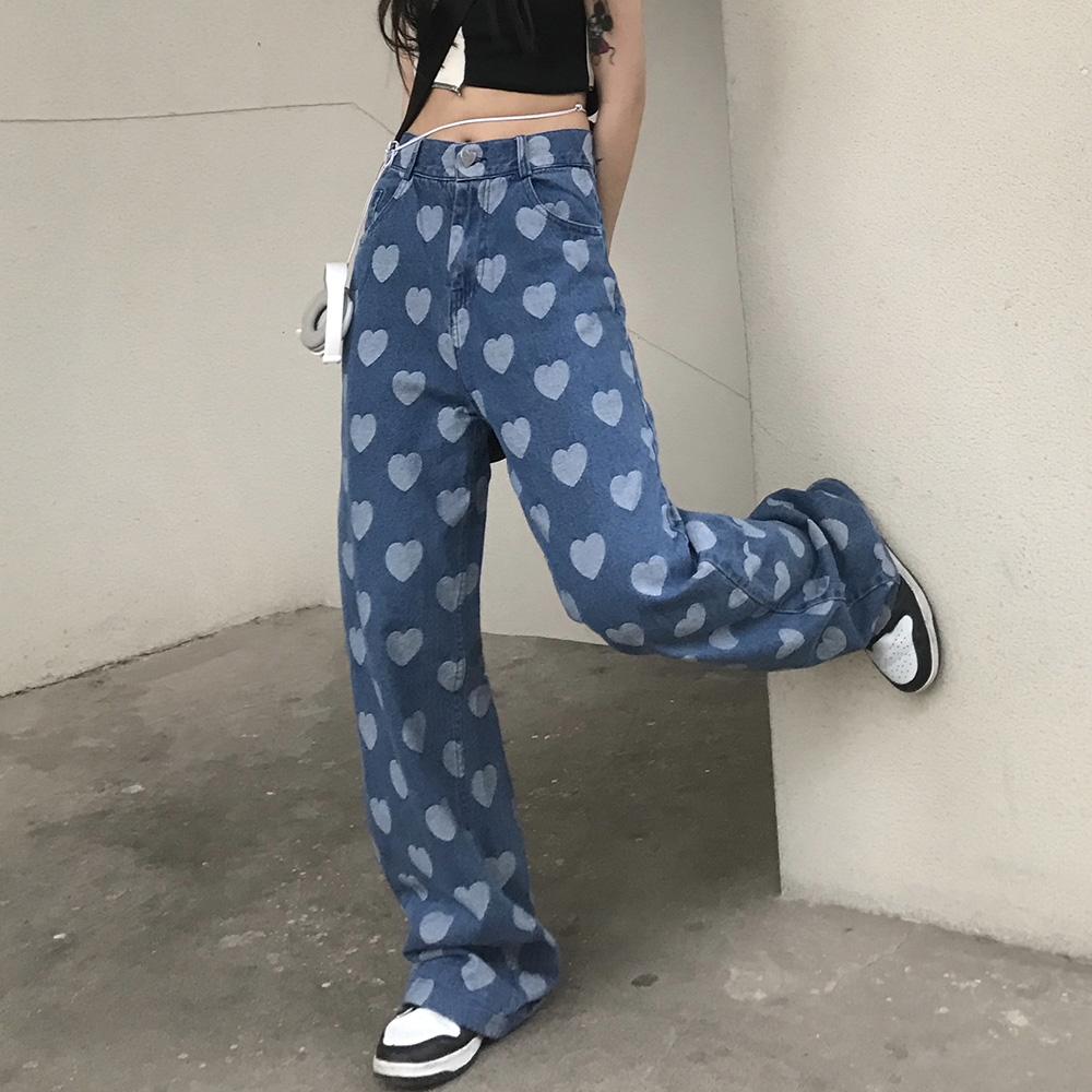 Heart Printed Soft Girl Aesthetic Baggy Jeans