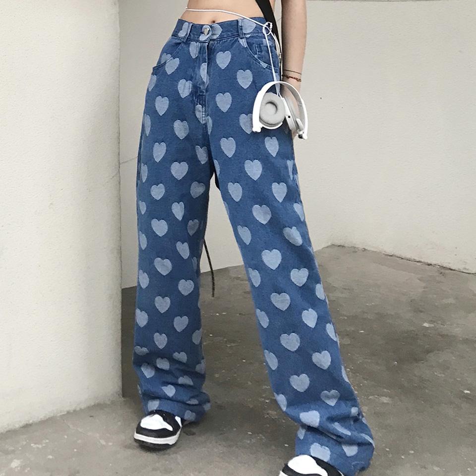 Heart Printed Soft Girl Aesthetic Baggy Jeans