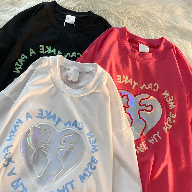 Holographic Aesthetic Heart Letter Print Loose T-shirt