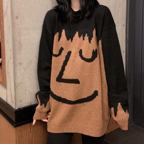 Knit Smiley Face Internet Girl Oversized Sweater
