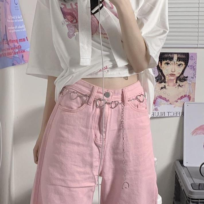Pink Denim Soft Girl Aesthetic Straight Jeans