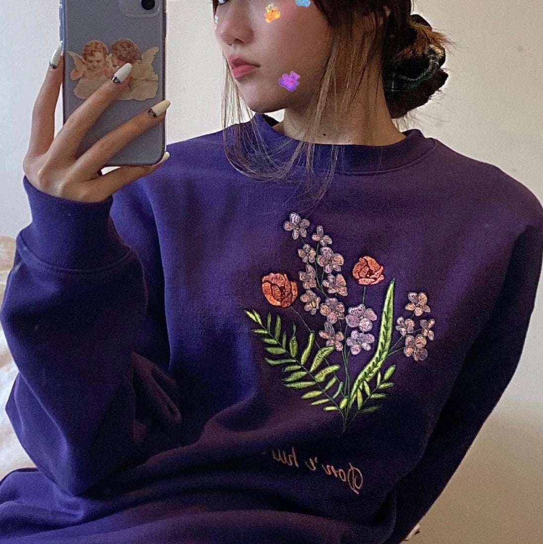 Purple Cute Flowers Embroidery Loose Sweatshirt