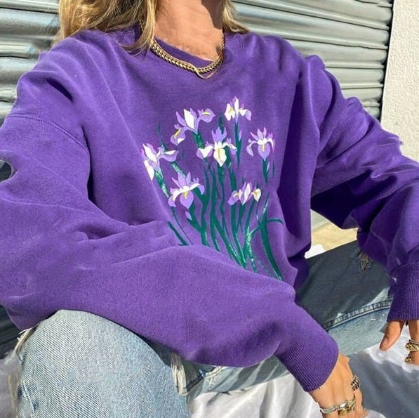 Purple Iris Flowers Embroidery Oversized Sweatshirt