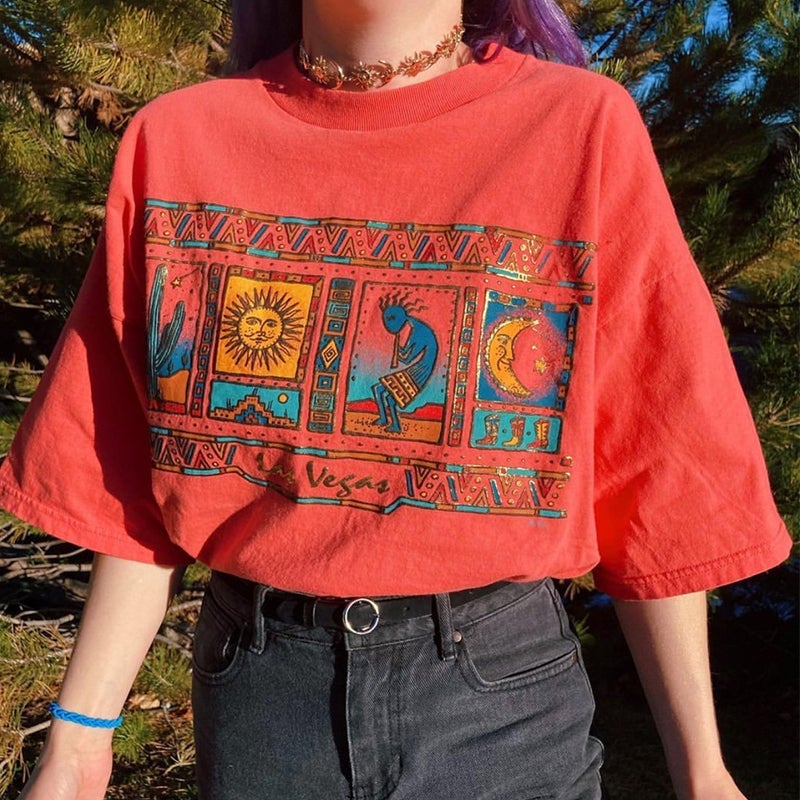 Red Colorful Las Vegas West Print Loose T-Shirt