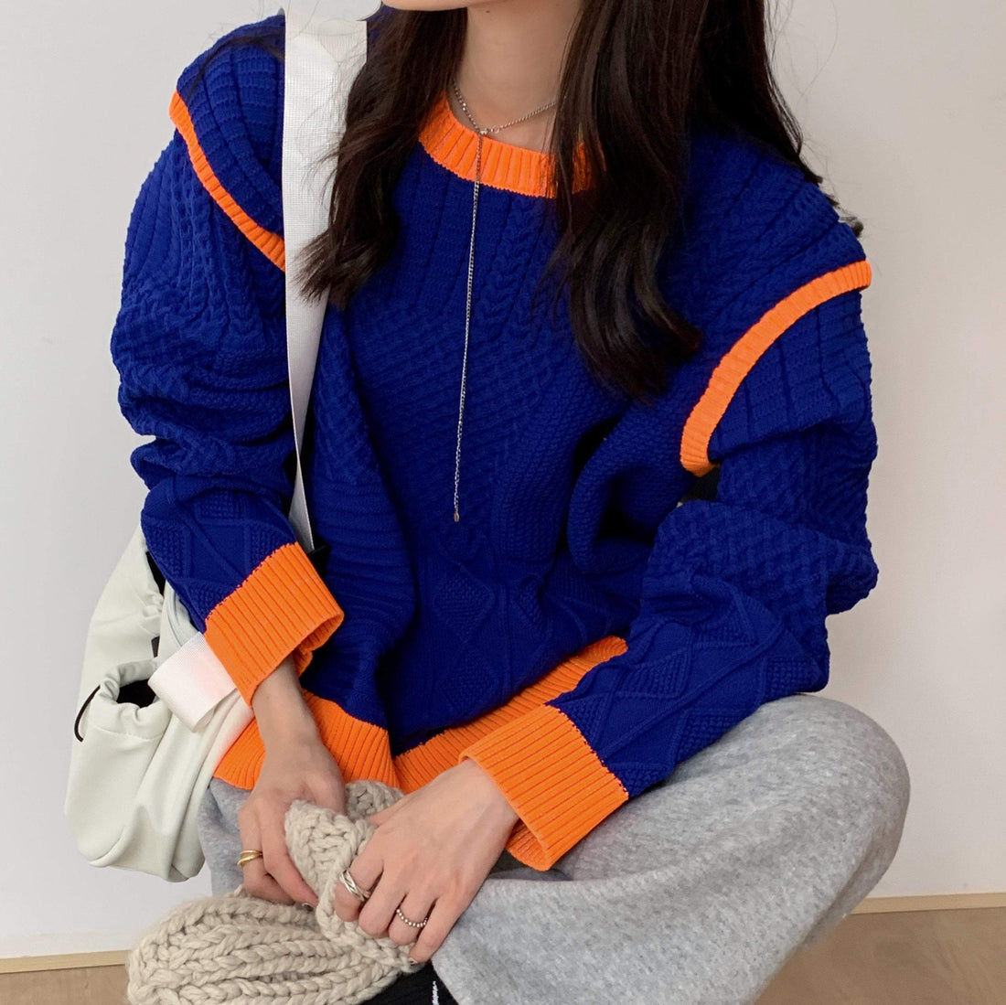 Retro Blue Orange Contrast Details Knit Loose Sweater