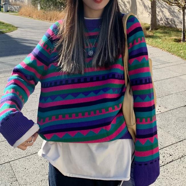 Retro Colorful Pattern Thin Knit Pullover Sweater