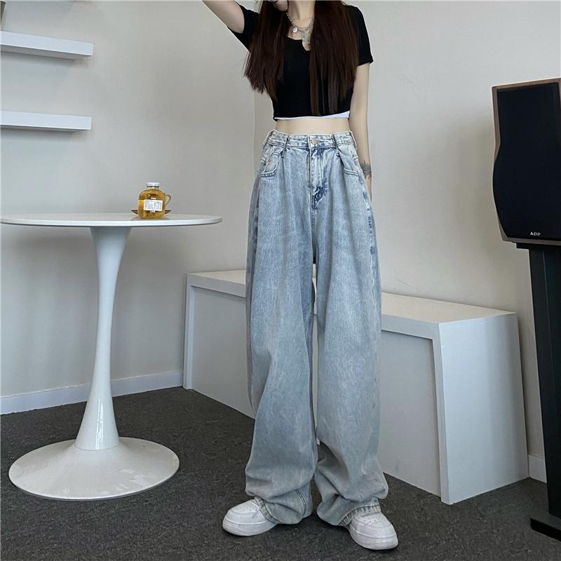 Retro Washed Light Blue High Waist Baggy Loose Jeans