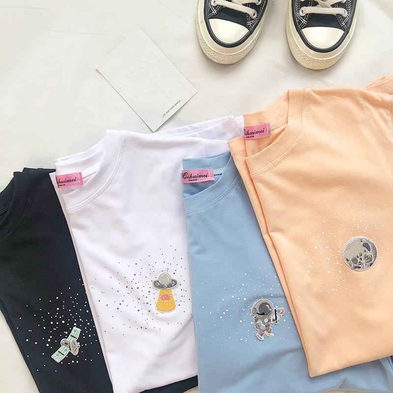 Space Theme Small Embroidery Oversized T-Shirt