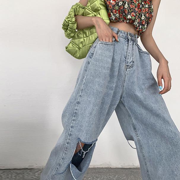 Teenage Fashion High Waist Knee Hole Ripped Baggy Jeans
