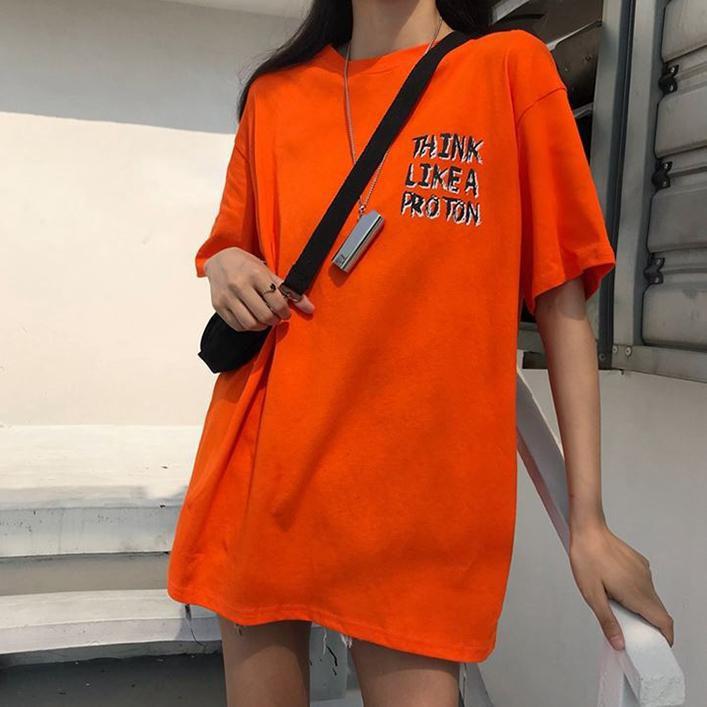 Think Like A Proton Letter Print Orange Purple T-Shirt