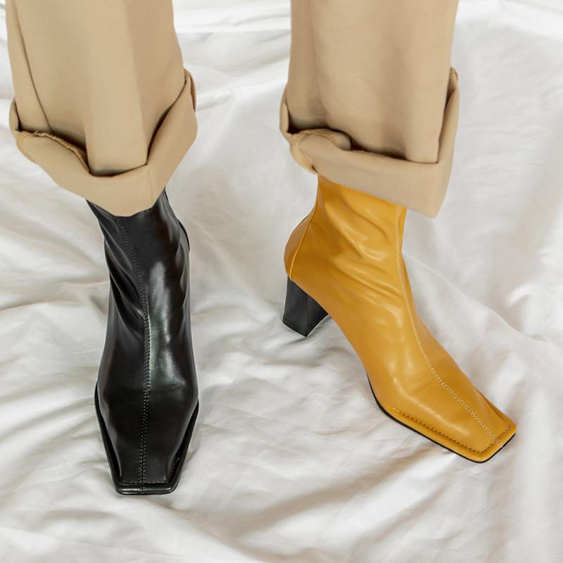 Yellow Black Square Toe Pu Leather Sock Boots
