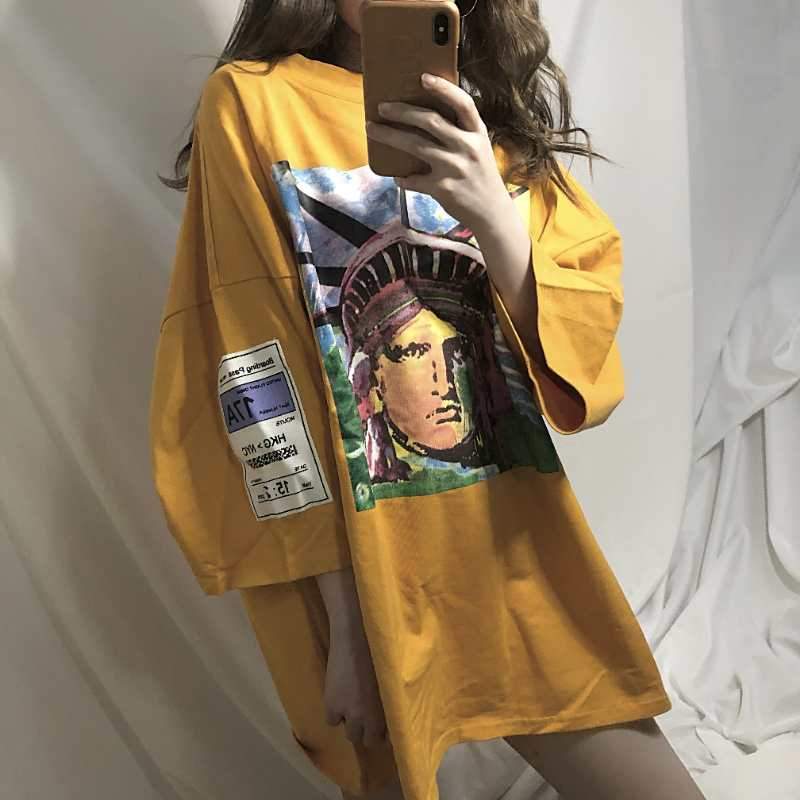 Yellow Blue Statue Of Liberty Colorful Print Oversize Long T-Shirt