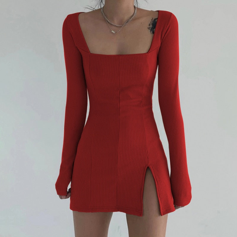 Y2K Aesthetic Clothing Vintage – Square Collar Long Sleeve Knitted Sweater Dress