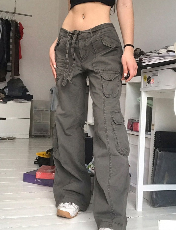 Edgy Multi Pockets Low Waist Gray Pants