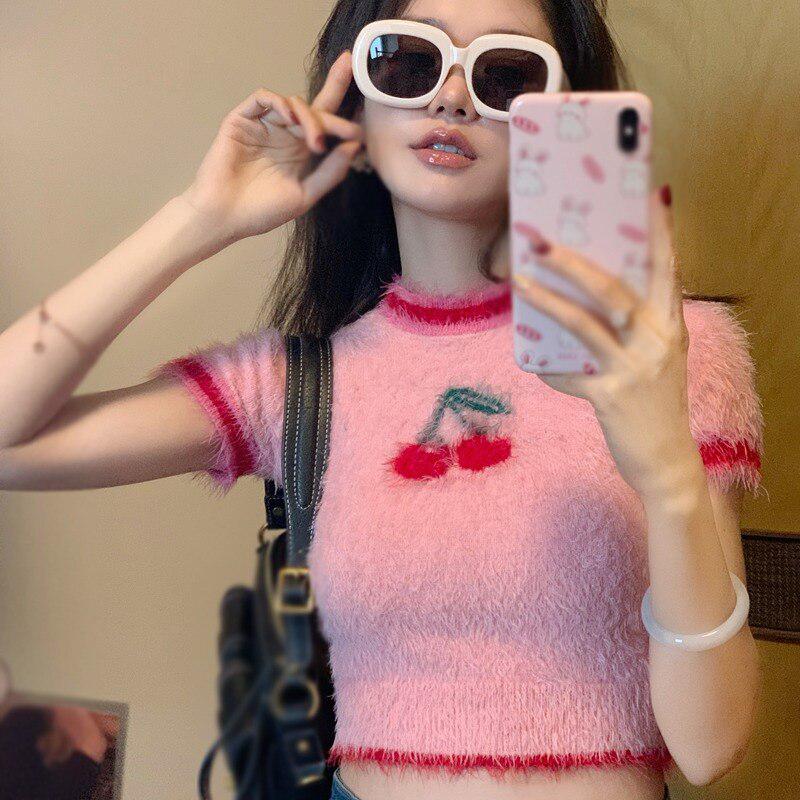 Barbie Core Cherry Knit Crop Top