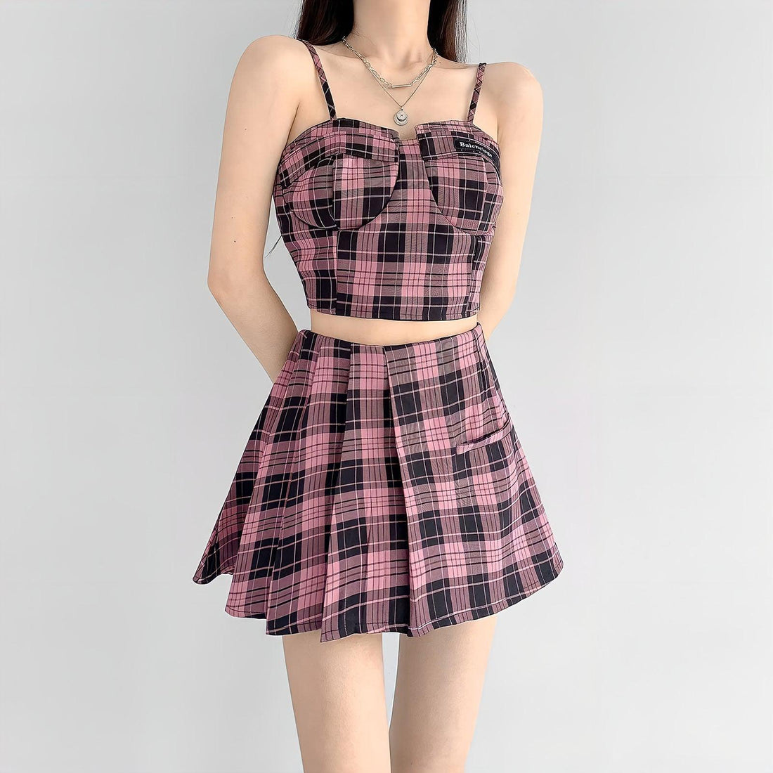 Barbiecore Plaid Two-Piece Set with Crop Top and Mini Skirt