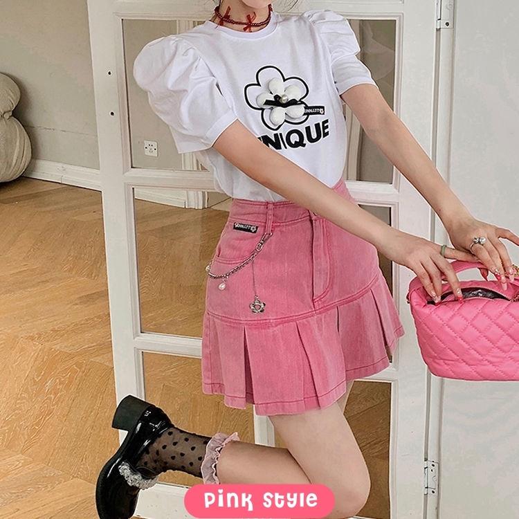 Barbie Pink Pleated Denim Mini Skirt