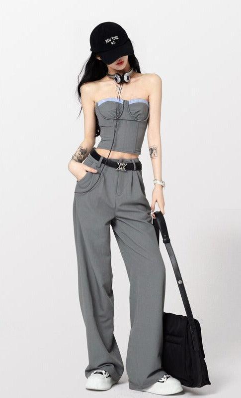Trendy Corset Top and Wide Leg Pants Two-Piece Set