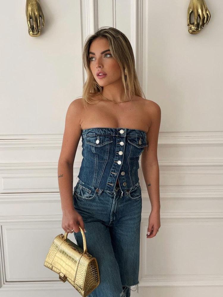 Disco Cowgirl Denim Corset Top with Button-Up Front