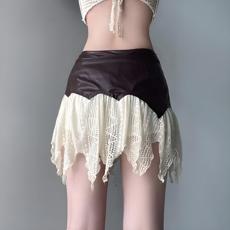 Fairy Grunge Patchwork Lace Mini Skirt with Belt
