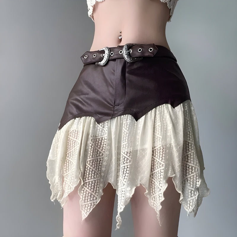 Fairy Grunge Patchwork Lace Mini Skirt with Belt