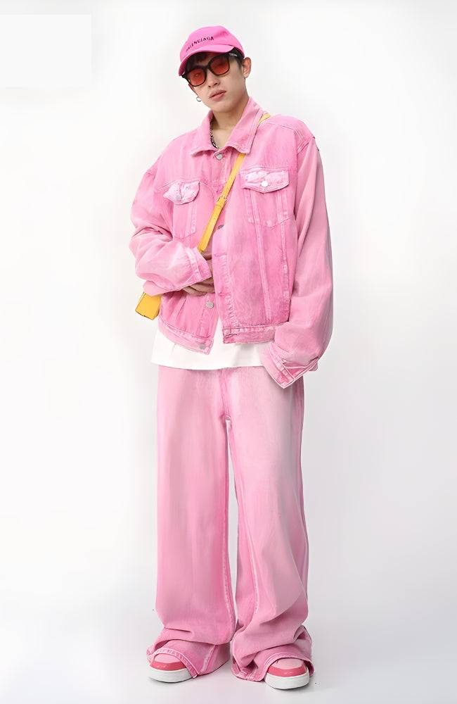 Pink Denim Jacket and Wide-Leg Pants Two-Piece Set