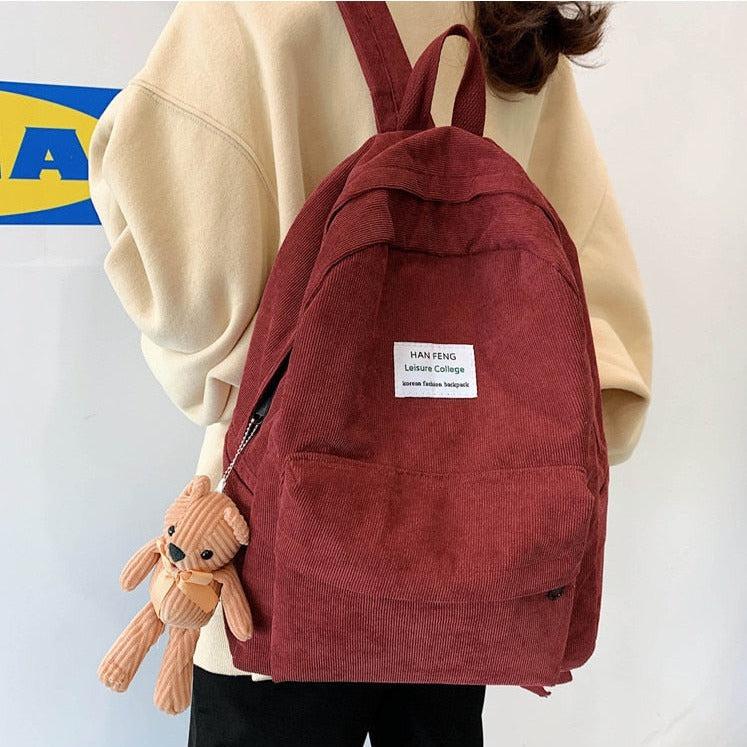 Teddy Bear Corduroy School Backpack with Laptop and Tablet Pockets